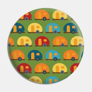 Caravans trailer RV campervan blue red yellow in a row. Green background. Fun vehicle pattern for boys Pin