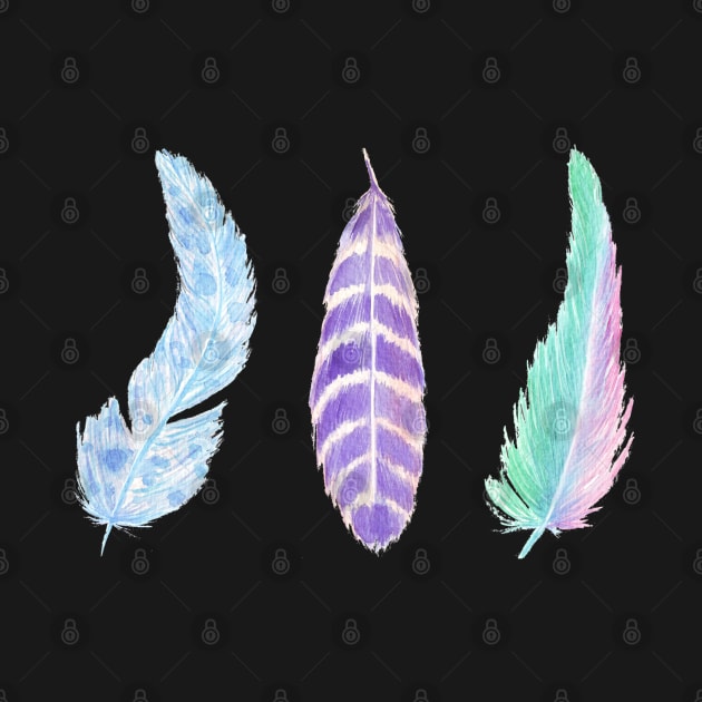 Watercolor feathers pack - set of 3 colorful featrhers by Wolshebnaja