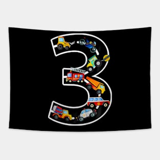 Kids 3rd Birthday  Boys Cars Vehicles 3 Years Birthday Tapestry