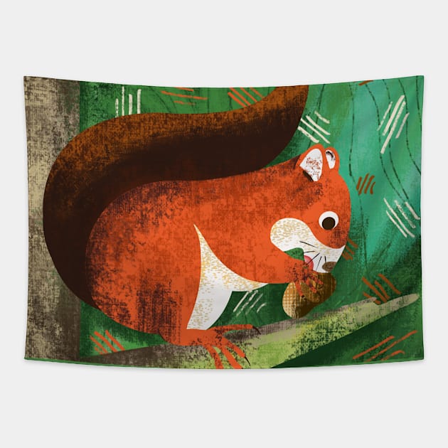 Red squirrel eating a nut in a tree Tapestry by Mimie20