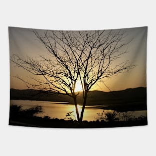 Yellow Sunset with Large Tree & Mountains Tapestry