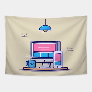 Desktop With Hand Phone And Coffee Cartoon Vector Icon Illustration Tapestry