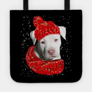 Staffordshire Bull Terrier Wearing Red Hat And Scarf In Snow Tote