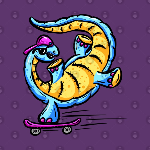 Skateboarding Diplodocus Dinosaur Cartoon Character Logo Mascot by Squeeb Creative