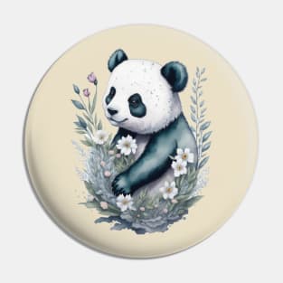 Panda bear around Flowers: Scattered Watercolor in Pastel Colors. Pin