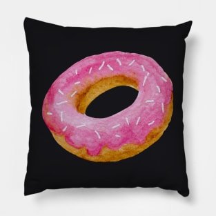 Watercolor donut - pink on black background Pillow