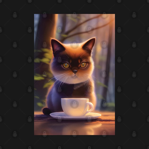 Cute Persian Exotic Shorthair Cat with a mug cup of morning coffee by akwl.design