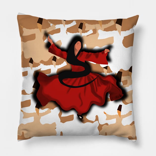 Dancing dervish girl in red dress scarf Pillow by Saffronh Studio