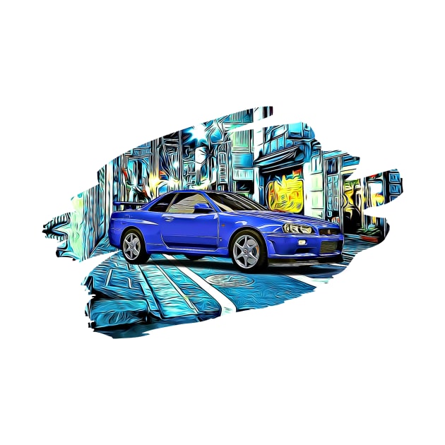 R34 Skyline Blue Tokyo Night Print by Auto-Prints