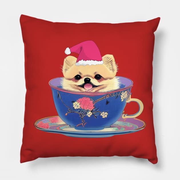 Cutest Pink Teacup Pomeranian Puppy in Merry Christmas Day Pillow by Mochabonk