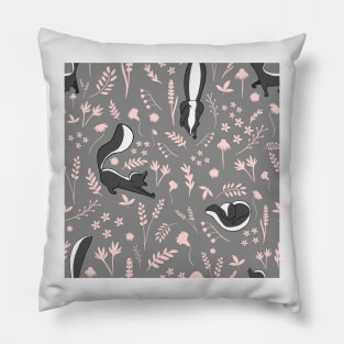 Skunks and Pink Flowers on Grey Pillow