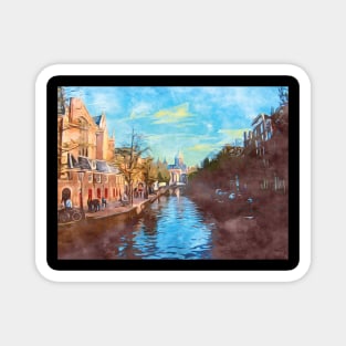 Amsterdam canal boats watercolor art painting Magnet