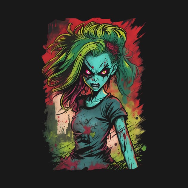 Comic book Anime style evil zombie girl lots of color mix of bright colors horror inspired by Terror-Fi