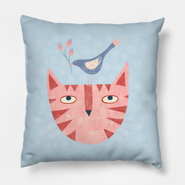 Cat Bird Flower Pillow by NicSquirrell