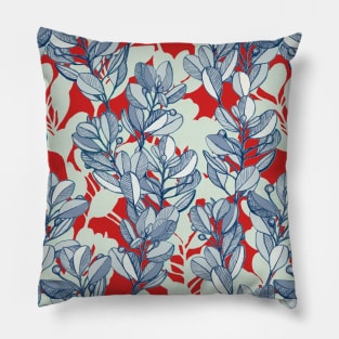 Leaf and Berry Sketch Pattern in Red and Blue Pillow