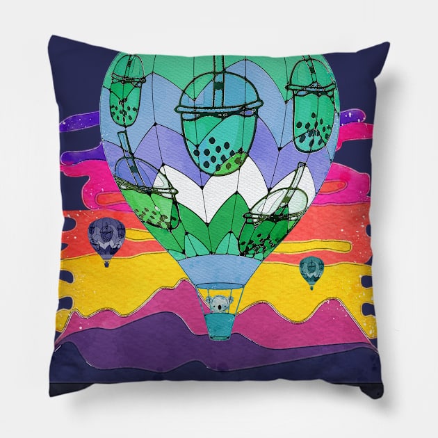 Adorable Kawaii Watercolor Koala Bears In Boba Hot Air Balloons In Colorful Sunset Pillow by Nonconformist