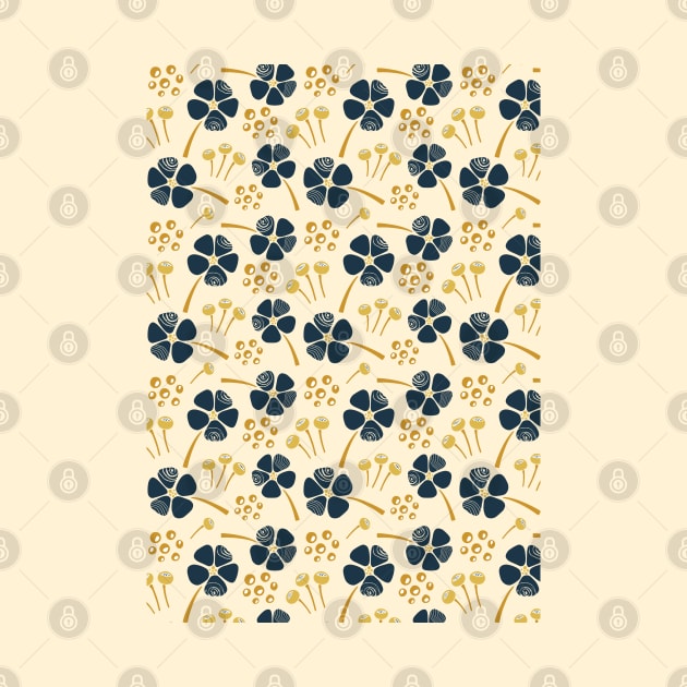 Abstract Floral Pattern in Navy Blue, Mustard Yellow and Cream by tramasdesign