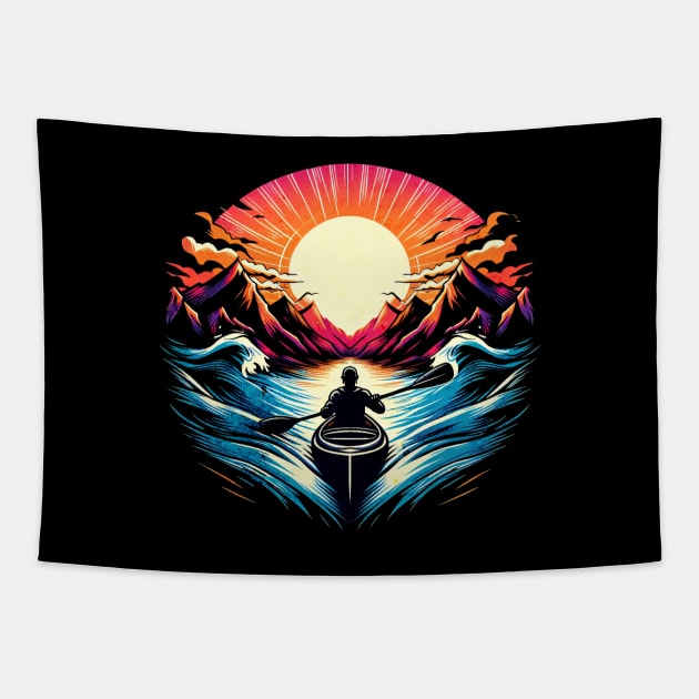 Retro Sunset Kayaking Design Tapestry by Miami Neon Designs