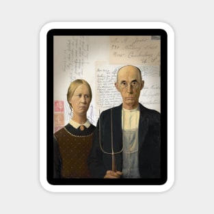 American Gothic Plain Couple on Antique Postcard Collage Magnet