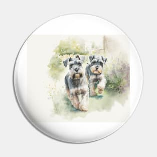 Two Miniature Schnauzers Playing Watercolour Painting Pin