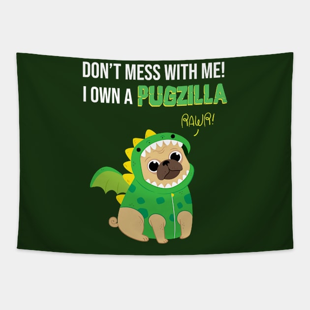 Pug dog PUGZILLA funny design Tapestry by Hellgrafic