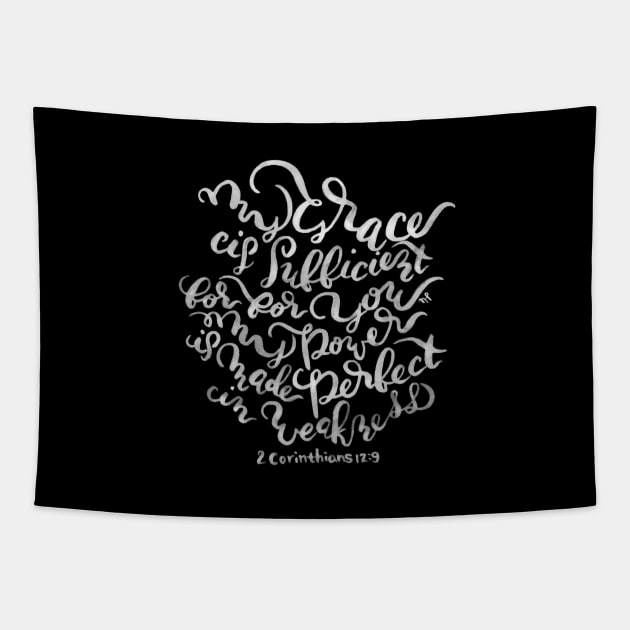 My Grace is Sufficient - 2 Corinthians 12:9 /  White on Black Tapestry by joyfultaylor