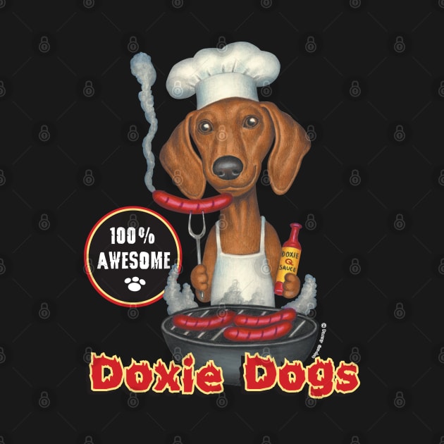 Funny cute Dachshund Doxie Chef with Dog with Wieners on grill by Danny Gordon Art