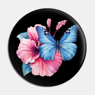 Blue Butterfly on Pink Hibiscus Watercolor Pin