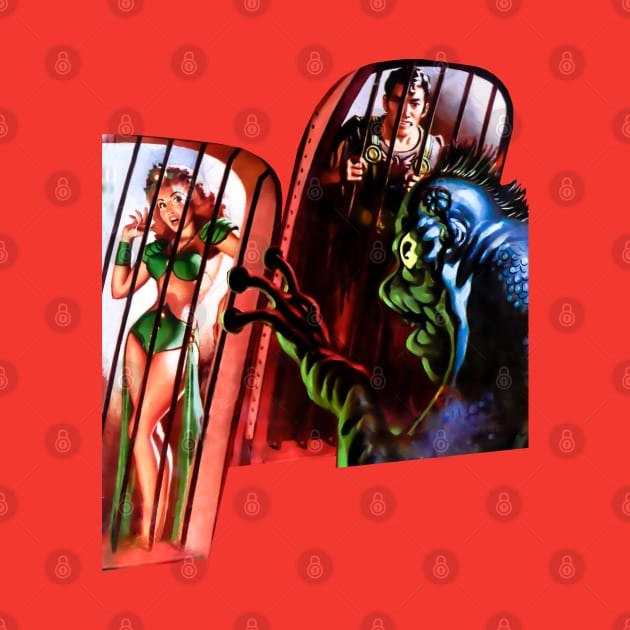 Sexy Woman Man from Planet Earth Prisoners of Alien Monster Cage Bar Retro Comic Vintage Cartoon by REVISTANGO