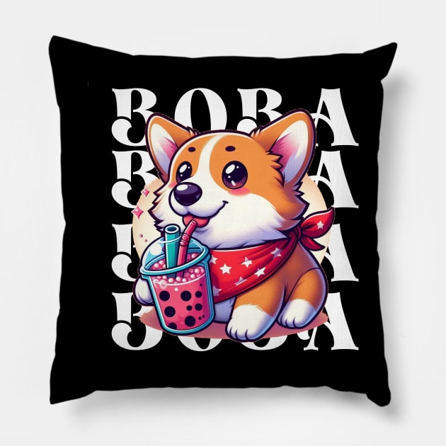 Cute Corgi Drinking Boba T-Shirt: Adorable Dog Tee for Boba Tea Lovers Pillow by dindastylees