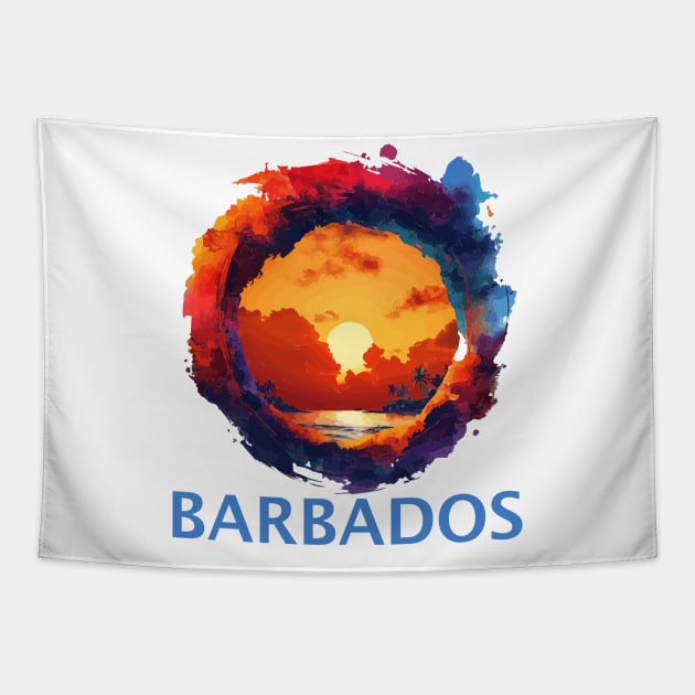 Barbados Sunset (with Blue Lettering) Tapestry by VelvetRoom