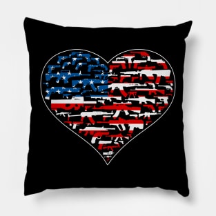 Heart shape made of guns, american flag, black Pillow