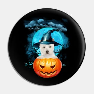 West Highland White Terrier Witch Hat Pumpkin And Blue Moon Pin