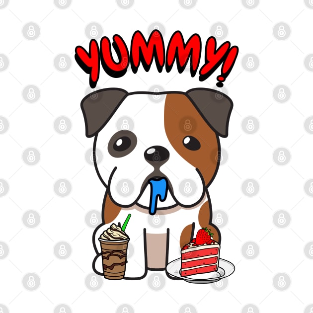 Cute english bulldog is having coffee and cake by Pet Station