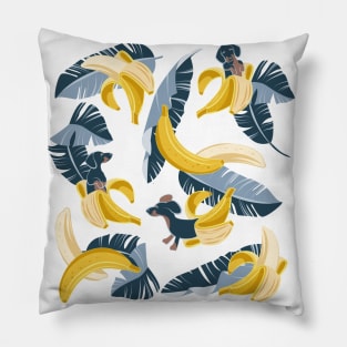 Surrealistic tropical Dachshund bananas // print // pastel blue background navy blue dogs and banana fruit leaves Pillow