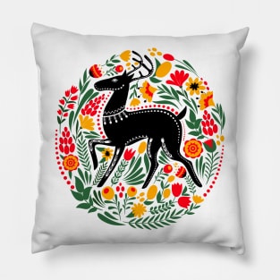Folk Art Deer Stag with Bright Flowers and Leaves Pillow