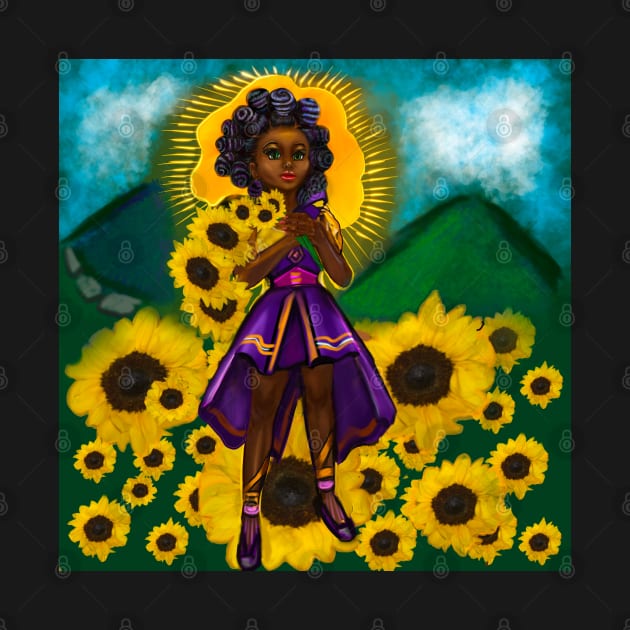 anime girl  sunflower warrior princess ii with Bantu knots - black girl with Afro hair and dark brown skin and flowers by Artonmytee