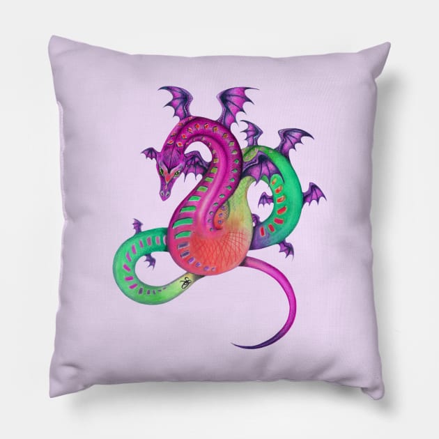 Fabulous Rainbow Dragon in Pink, Purple, and Green Pillow by Sandra Staple