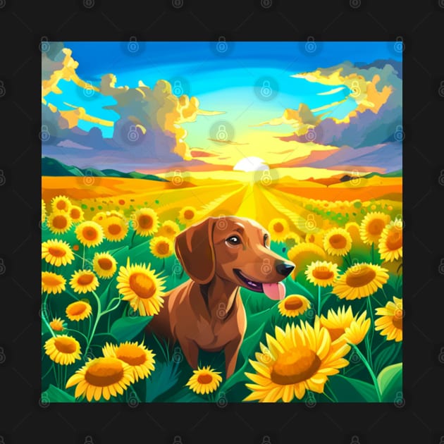 Dachshund in a Field of Sunflowers by KayBeeTees