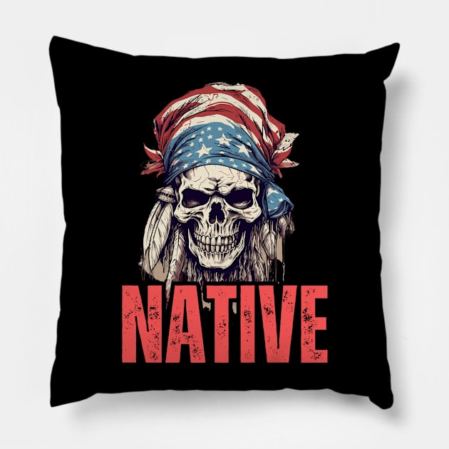 Native American Headpiece Native American Skull american Flag Pillow by smartrocket