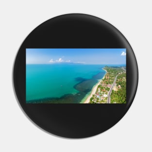 Aerial panoramic view of ocean, beach and blue cloudy sky Pin