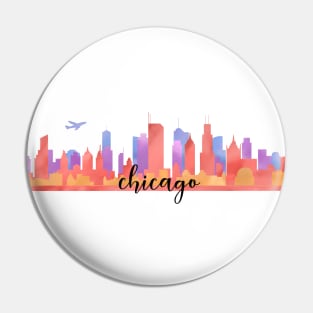 Color Chicago City Skyline Watercolour Multilayer With Aircraft/Flight/Aeroplane/Airplane/Plane Pin