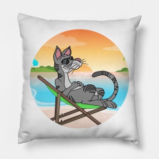 Cat Chilling At Beach With Sunset Comic Style Pillow