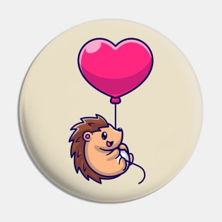 Cute Hedgehog Flying With Love Heart Balloon Cartoon Pin