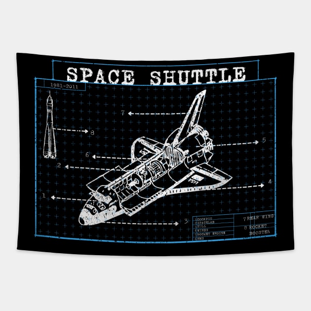 Space Shuttle Technical Blueprint Rocket Tapestry by Foxxy Merch