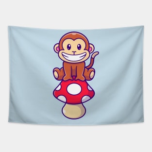 Cute Monkey Sitting On Mushroom Cartoon Tapestry