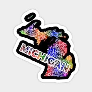 Colorful mandala art map of Michigan with text in multicolor pattern Magnet