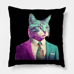 Vaporwave Cat in a Suit Pillow