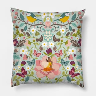 Flower fairies in a secret woodland glade on pale blue Pillow