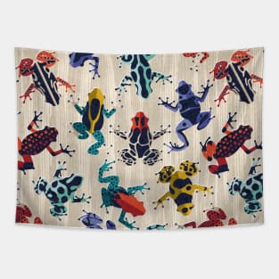 Quirky dart frogs dance // pattern // ivory textured background brightly multicoloured poison amphibians Tapestry